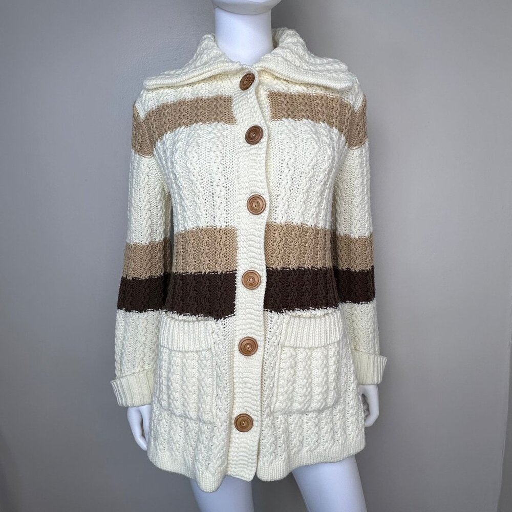 Vintage 1970s Long Chunky Knit Striped Cardigan Sweater, San Angelo Aldo Verdi M